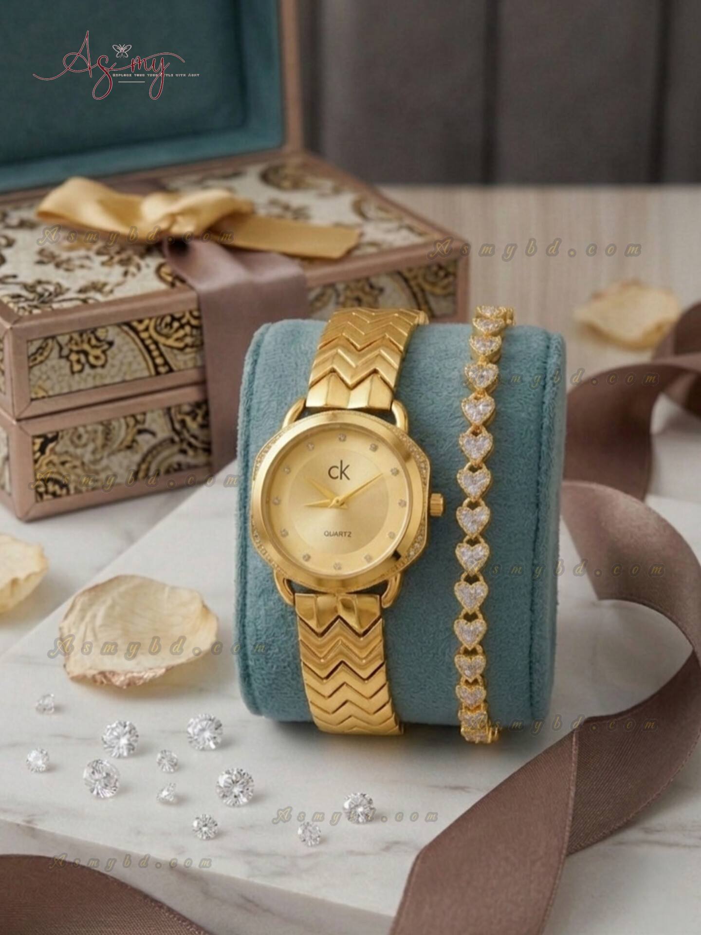 669556430_856419544151479_2752548290759524153_n Exclusive Stylish Ladies Watch and Bracelet Set | Model-CK 01 Golden - Image 1