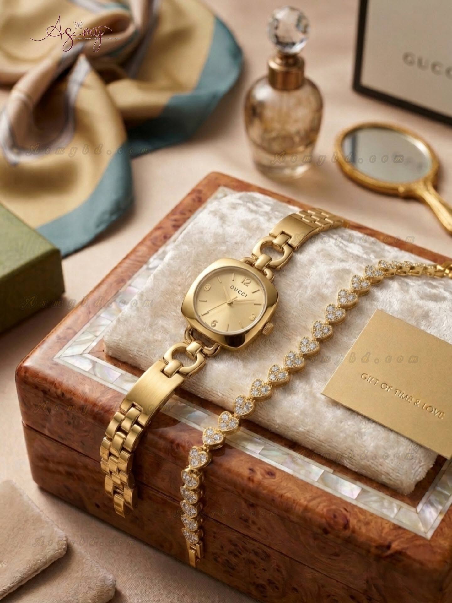 726315483_915830754877024_1180191647741350262_n Ladies Premium Stylish Watch and Bracelet Set | Model- GS025 Golden - Image 1